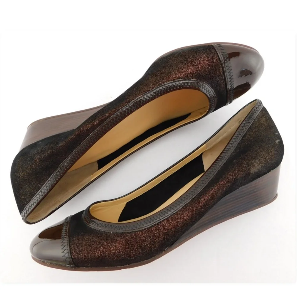 COLE HAAN Nike Air Bronze Brown Shimmer Leather Cap Toe Ballet Wedge Pumps 11